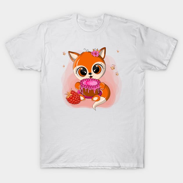 Orange fox with cake in his paws T-Shirt by Eduard Litvinov